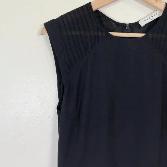 Sandro Paris Fit And Flare Gold Tone Waist Chiffon Black Dress - Picture 7 of 16